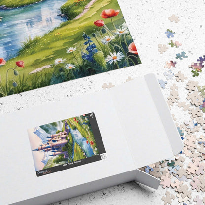 Jigsaw Puzzle, Fairytale Castle Landscape Puzzle - Snow-capped Mountains, Wildflowers, River, Scenic Puzzle Puzzle The Puzzle Chest