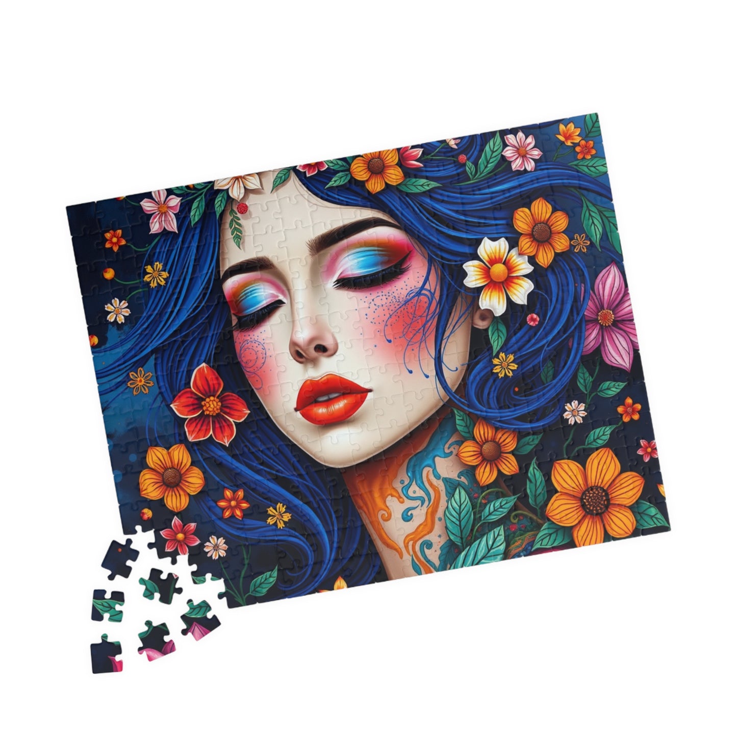 Floral Blue-Haired Woman Puzzle | Vibrant Portrait Jigsaw