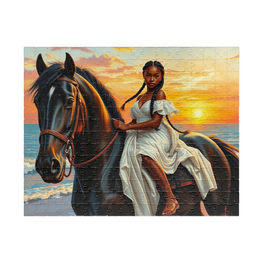 Sunset Horse Jigsaw Puzzle - Black Woman African American Art, Equestrian Gift for Animal Lover Friend, Family Activity, Home Entertainment 252 pcs (Horizontal) Puzzle The Puzzle Chest
