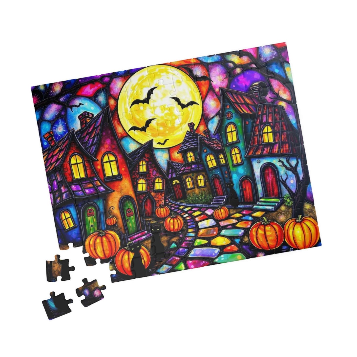 Spooky Night Village Jigsaw Puzzle, Halloween Themed Black Cat Puzzle Stained Glass Style