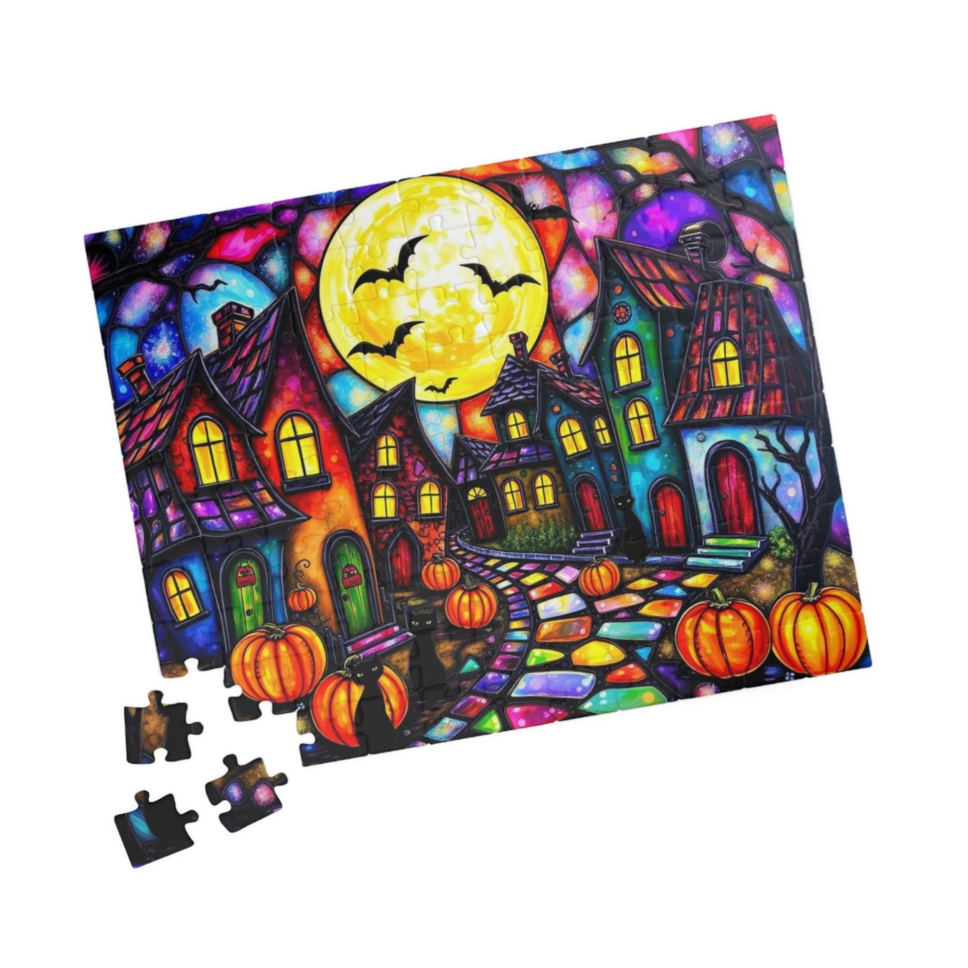 Spooky Night Village Jigsaw Puzzle, Halloween Themed Black Cat Puzzle Stained Glass Style