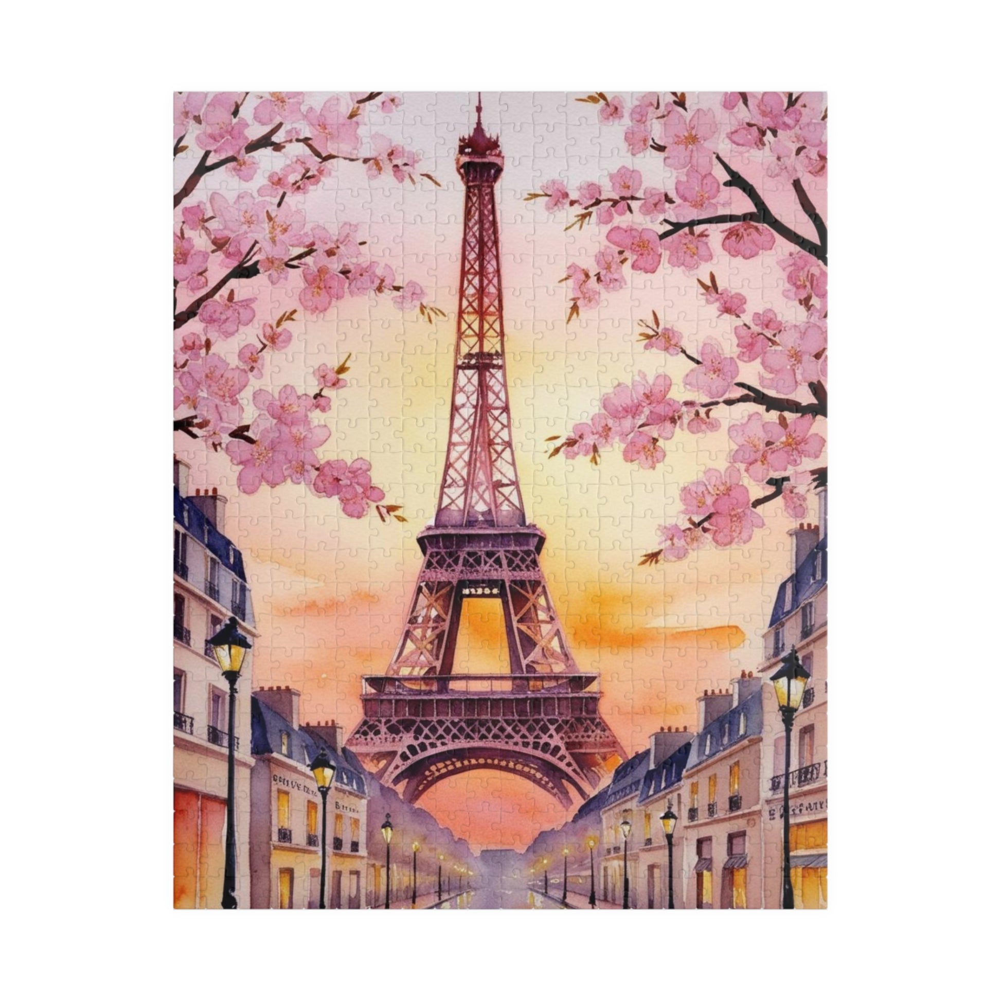 Eiffel Tower Sunset Jigsaw Puzzle, Famous Monument Game, Cherry Blossom Landscape Art, Parisian Streetlights, Relaxing Adult Hobby Activity 520 pcs (Vertical) Puzzle The Puzzle Chest