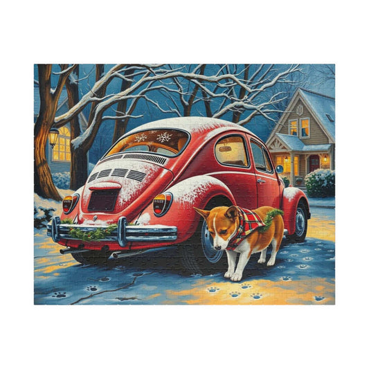 Charming Holiday Vintage Car Puzzle - Winter Retro Auto Scene with Corgi, Christmas Themed Jigsaw Puzzle