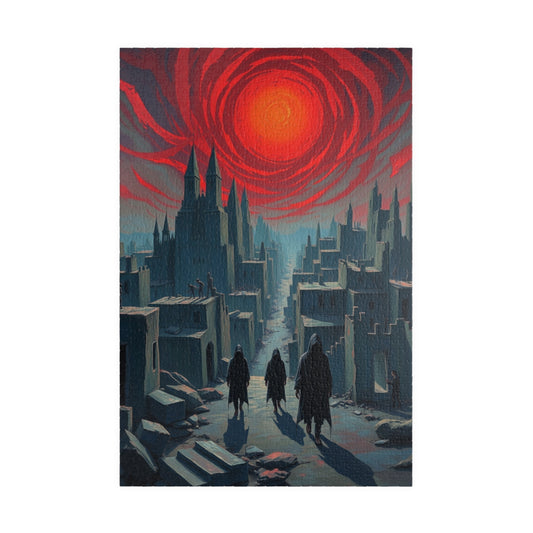 Gothic Puzzle - Desolate City Blood-Red Sky, 110-1014 Piece Jigsaw Game, Skeleton Figures, Hooded Wanderers, Spooky Dark Art, Giftable 1014 pcs (Vertical) Puzzle The Puzzle Chest