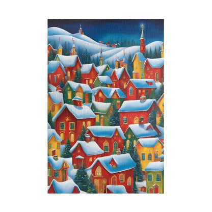 Colorful Winter Village Jigsaw Puzzle, 1000-Piece, Snow Capped Roofs, Red Green Blue Yellow, Charming Houses, Unique Art for Puzzle Lover