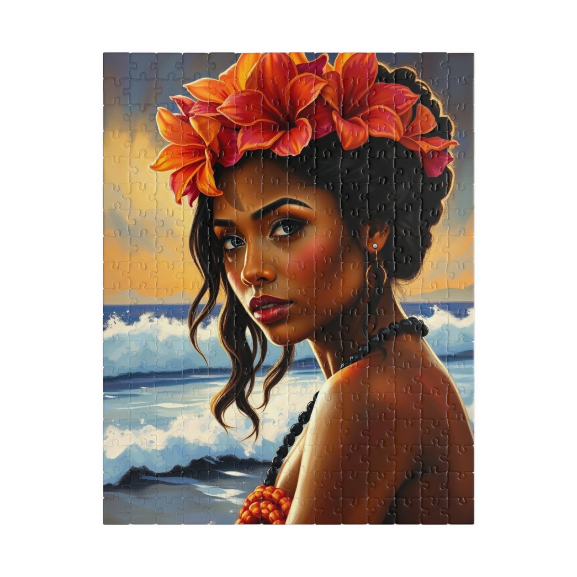 Close-Up Portrait Puzzle of Polynesian Woman, Beach Background Floral Crown Ocean Waves, Cultural Art Family Jigsaw Game, Puzzle Lover Gift 252 pcs (Vertical) Puzzle The Puzzle Chest