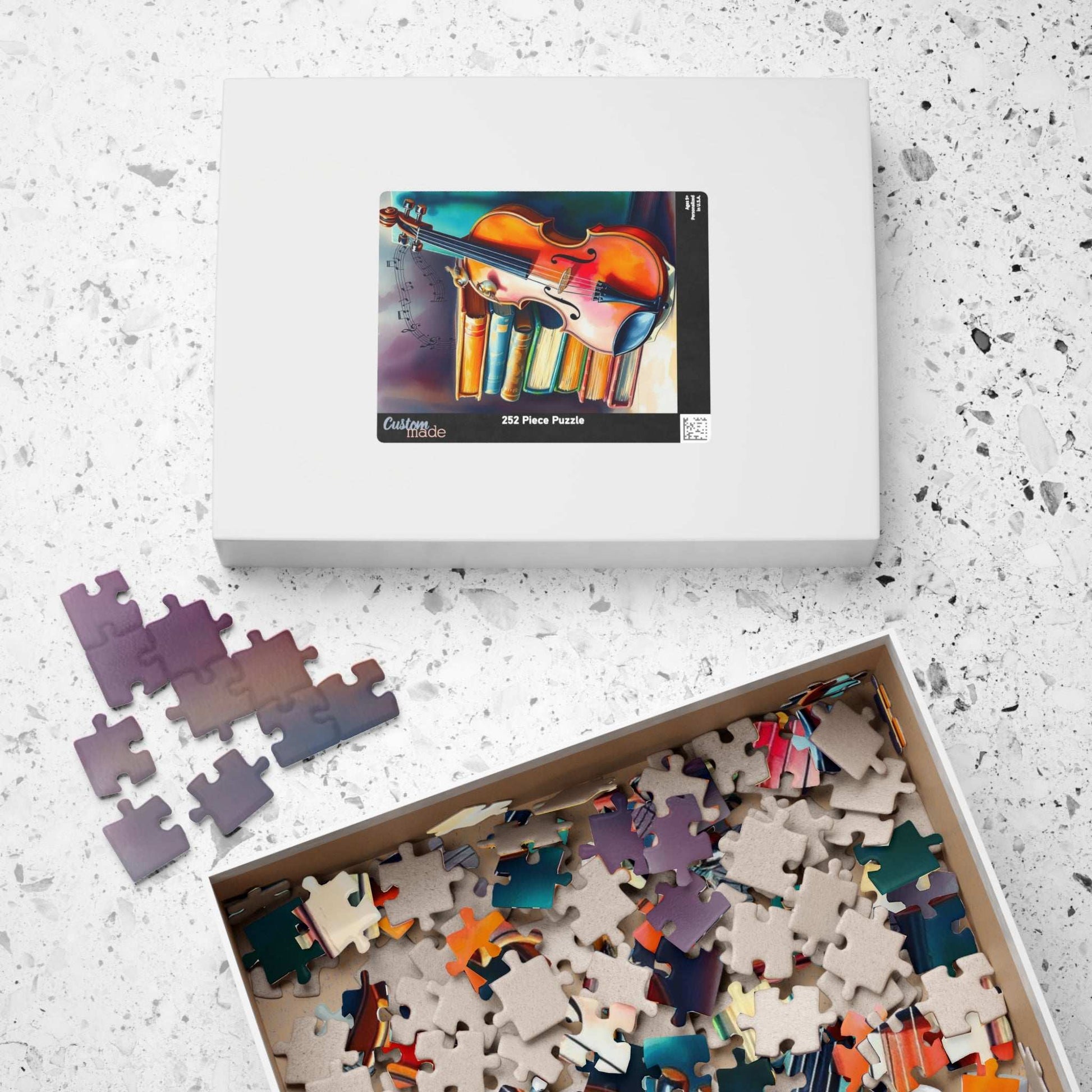 Vintage Violin and Books Jigsaw Puzzle - Musical Notes Swirl Design, Gift for Music Lover, Teacher, or Classical Fans, Entertainment Game