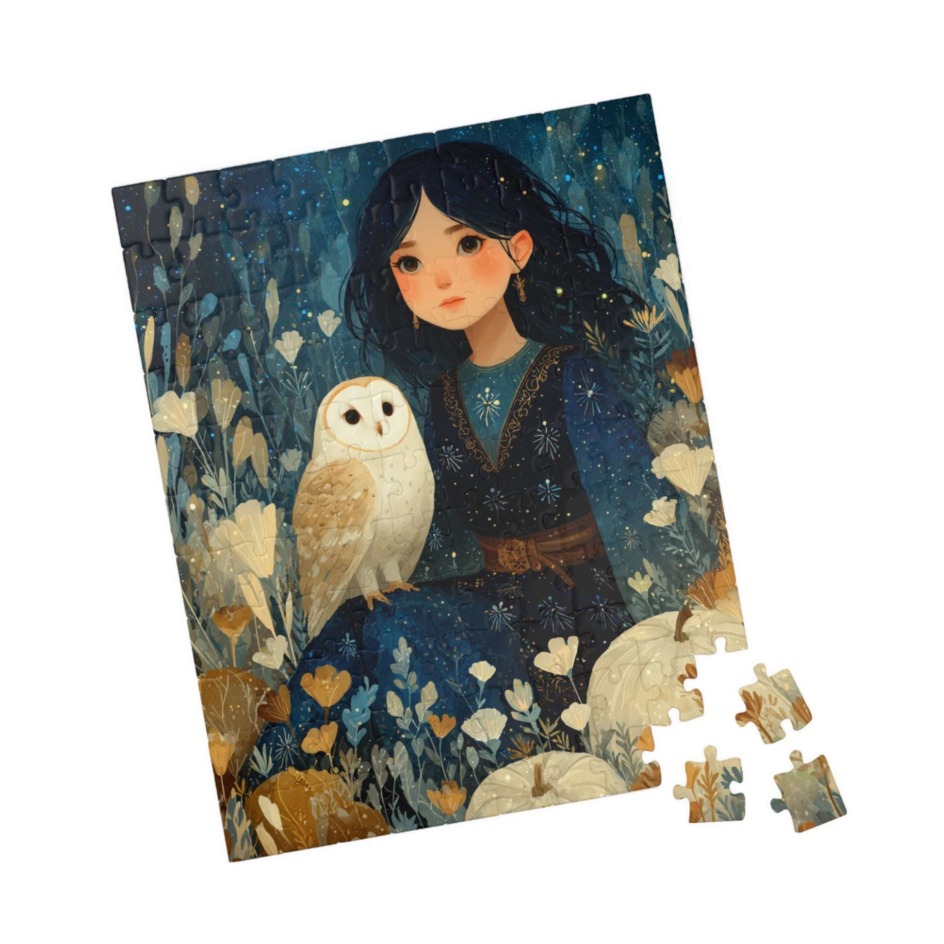 Twilight Pumpkin Grove Fairy-Tale Puzzle - Dark Haired Girl and Wise Owl, Nature Lovers Gift, Family Activity, Home Entertainment 110 pcs (Vertical) Puzzle The Puzzle Chest