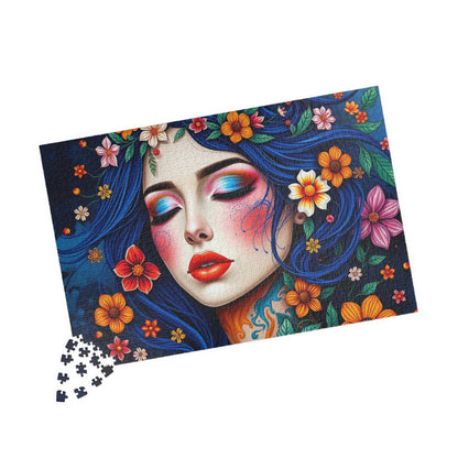 Floral Blue-Haired Woman Puzzle | Vibrant Portrait Jigsaw