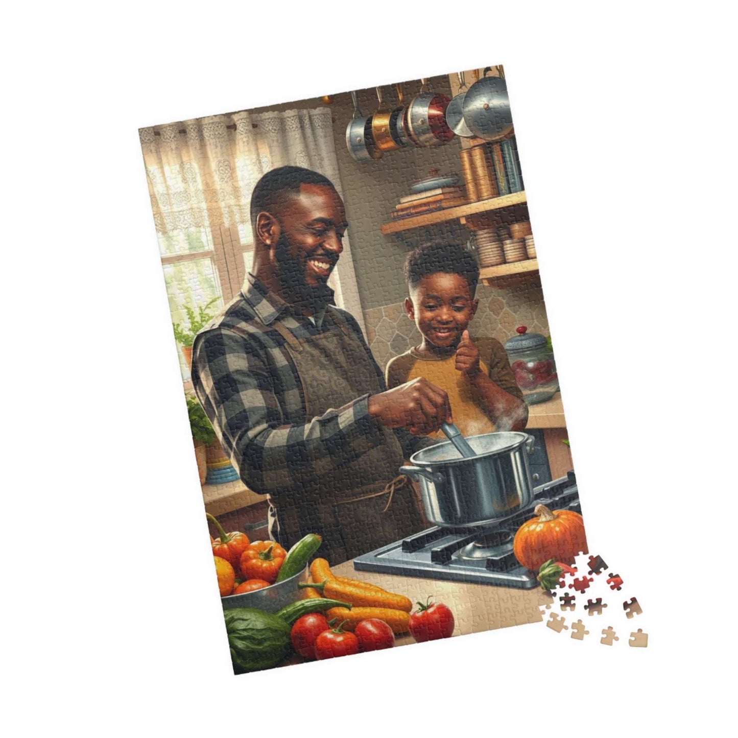 Black Family Cooking Jigsaw Puzzle - African American Father and Son Kitchen Scene, Afrocentric Art 1014 pcs (Vertical) Puzzle The Puzzle Chest