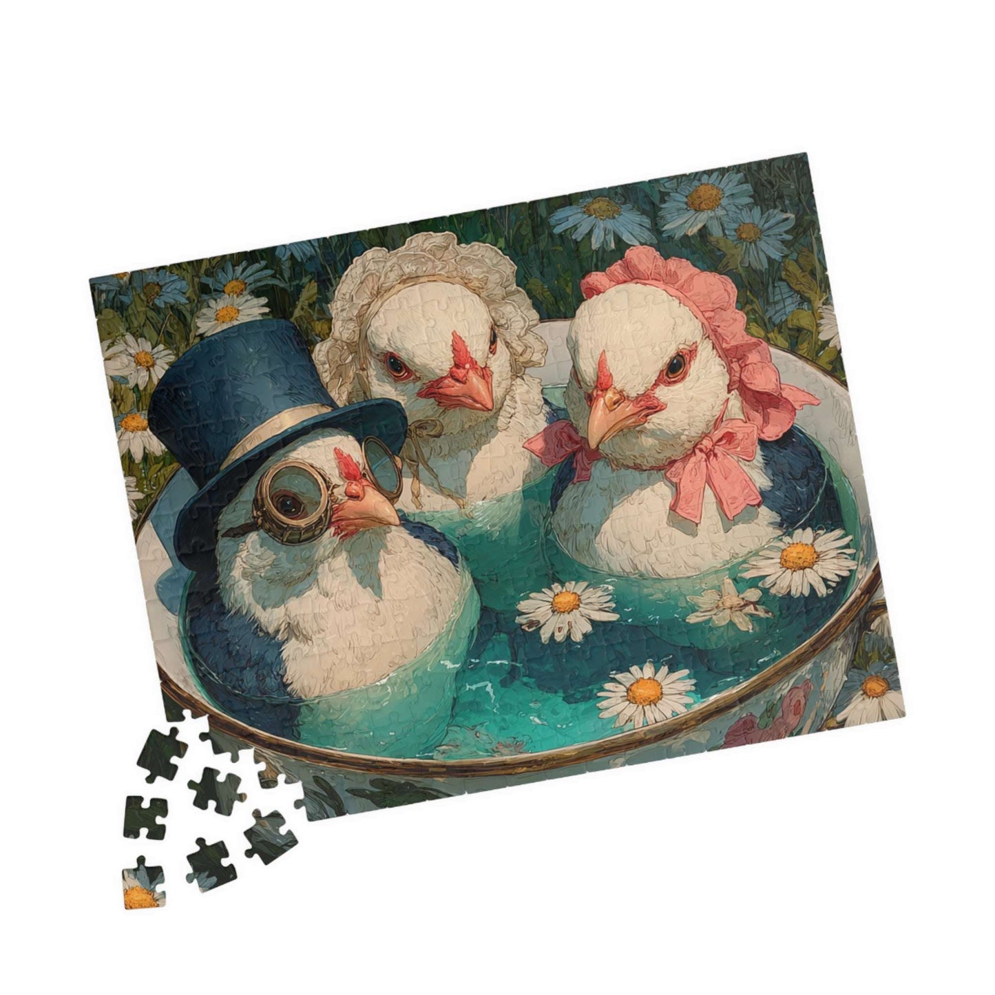 Whimsical Wildflower Field Tea Chicken Puzzle – Three Fancy Chickens in Giant Teacup Bath with Flowers, Fairy-Tale Farm Animal Jigsaw 252 pcs (Horizontal) Puzzle The Puzzle Chest