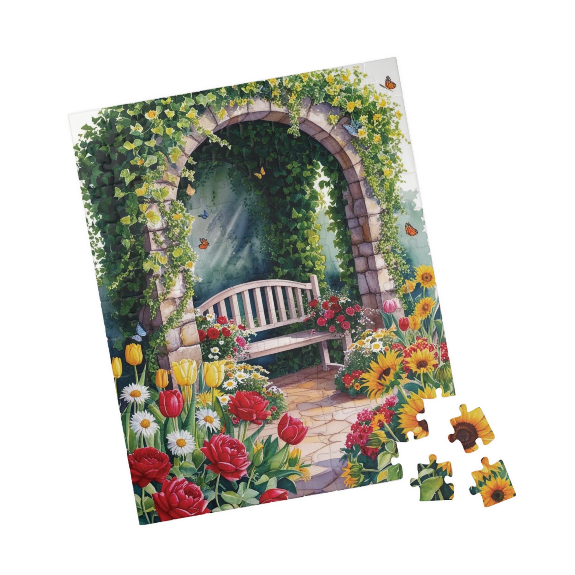 Jigsaw Puzzle, Flower Garden Mosaic Puzzle, Roses Tulips Daisies Sunflowers, Wooden Bench Ivy Butterflies, 110 252 520 1014 pieces, Gift for Puzzle The Puzzle Chest