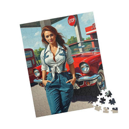 Puzzle, Vintage Mechanic Woman and Red Convertible, Jigsaw Game for Adults, Classic Car Puzzle, Retro Gas Station Image, Brain Teaser Gift Puzzle The Puzzle Chest