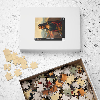 African American Woman Mona Lisa-Inspired Puzzle, Rolling Hills and Cityscape Background Jigsaw Game, Mindful Activity, Puzzle Lover Gift