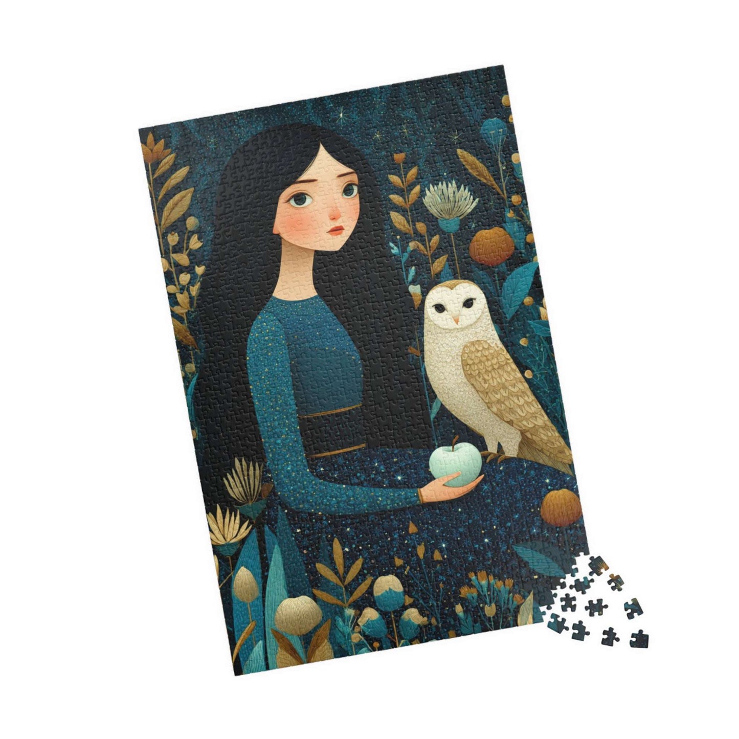 Moonlit Orchard Jigsaw Puzzle – Whimsical Autumn Puzzle for Adults, Girl with Owl and Silver Apples 1014 pcs (Vertical) Puzzle The Puzzle Chest