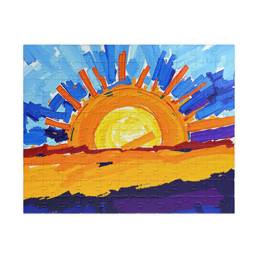 Abstract Sunrise Jigsaw Puzzle, Impasto Style Sharp Sun Focus, Bursts of Warm and Cool Tones for Art Enthusiast, Unique Puzzle Lover Gift 110 pcs (Horizontal) Puzzle The Puzzle Chest