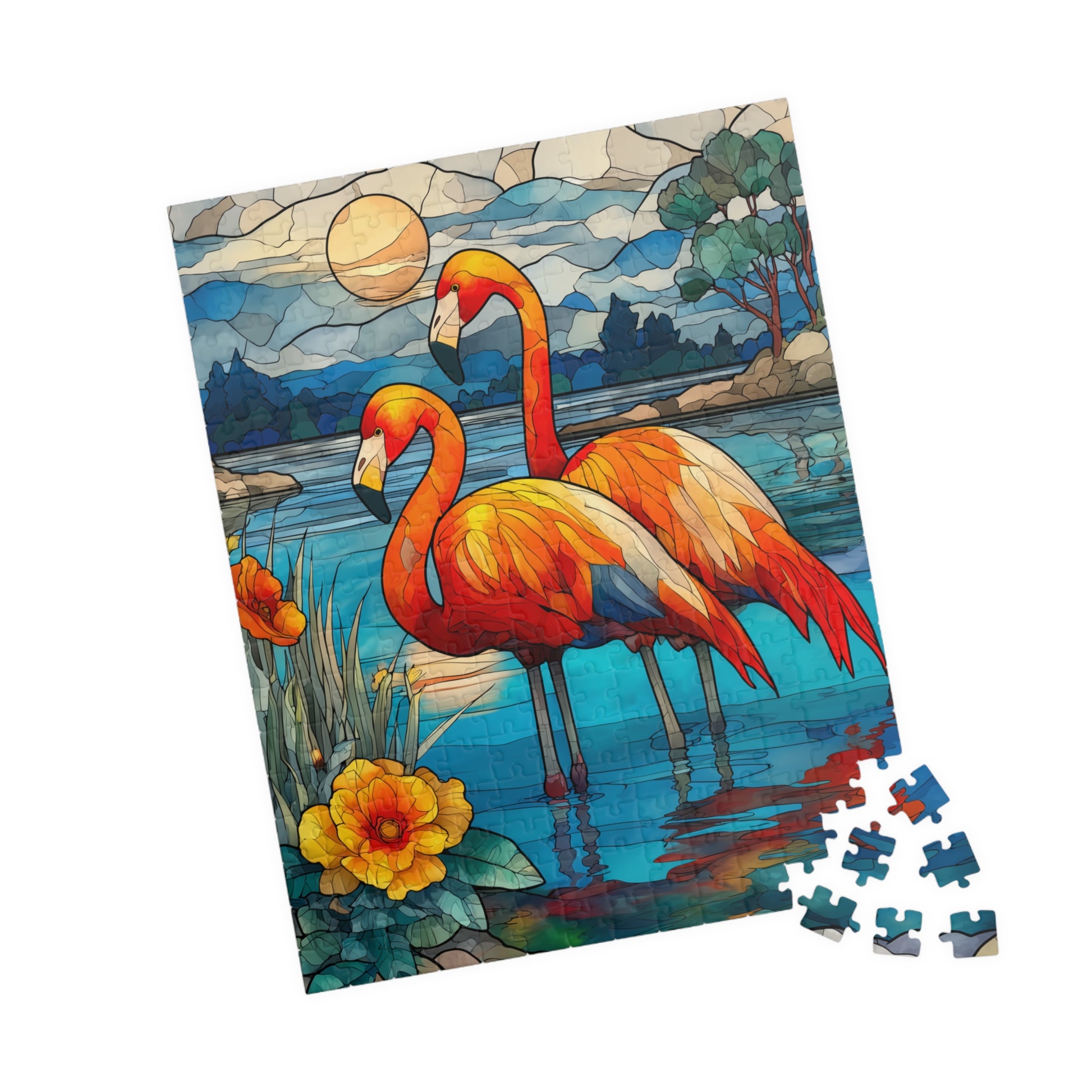 Stained Glass Style Flamingos Puzzle | 110/252/520/1014 Piece Bird Lover Jigsaw 252 pcs (Vertical) Puzzle The Puzzle Chest