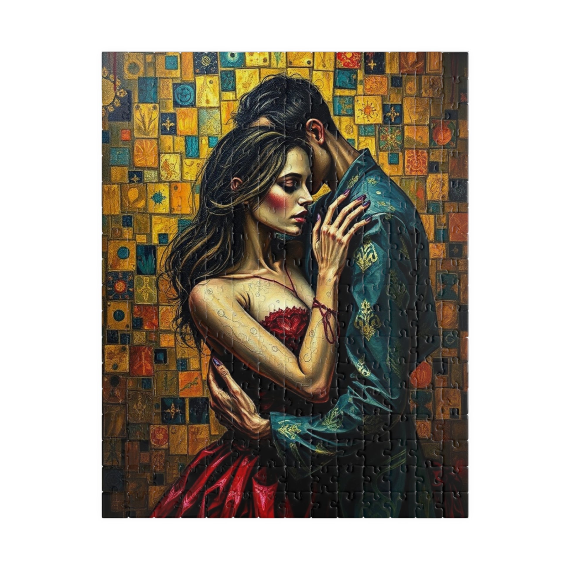 Romantic Embrace Gothic Jigsaw Puzzle, Eerie Couple Hugging Golden Jewel-Toned Patterns, Stress Relief, Unique Dark Art Puzzle Lover Gift 252 pcs (Vertical) Puzzle The Puzzle Chest