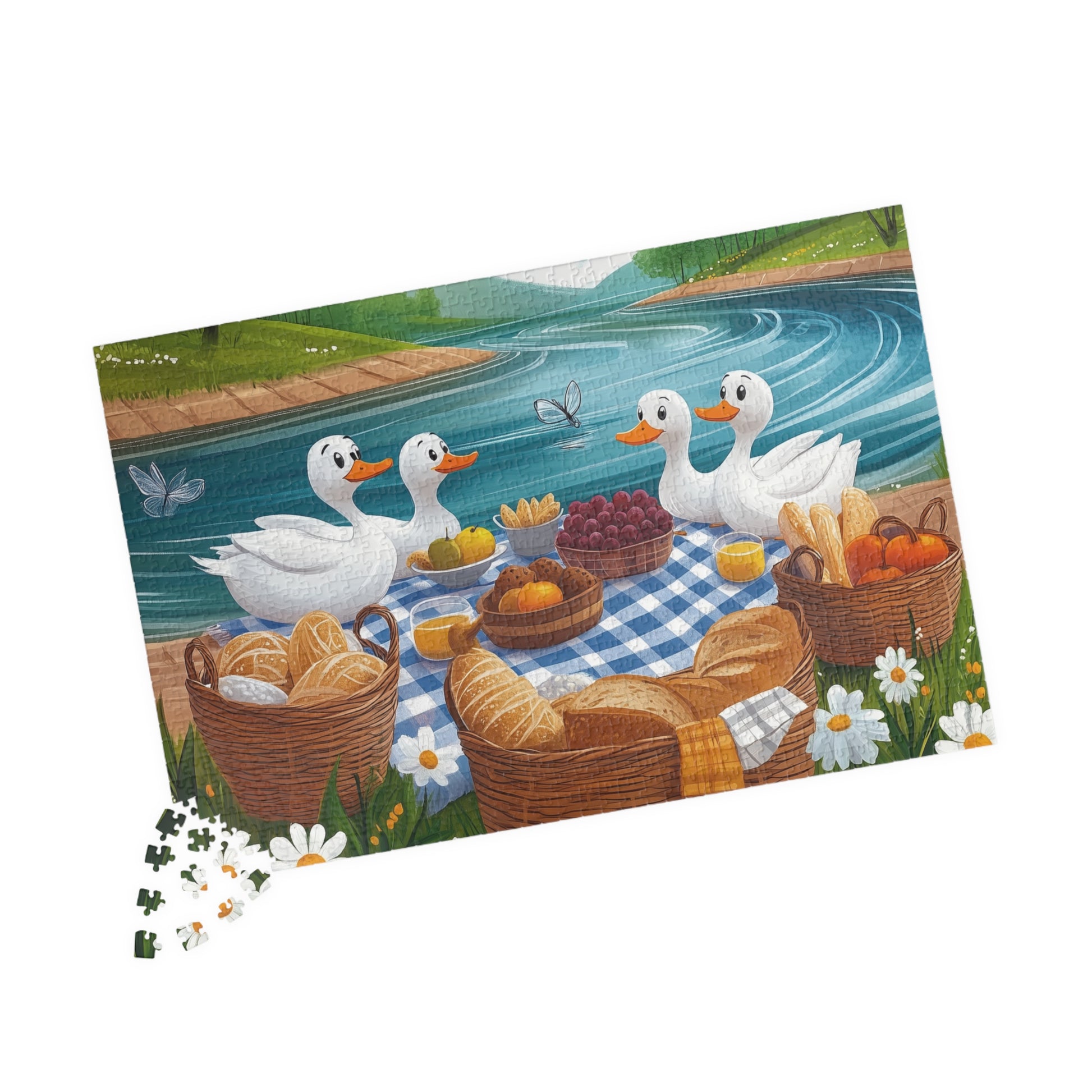 Duck Family Picnic Puzzle | Scenic River Picnic Animal Jigsaw Game 1014 pcs (Horizontal) Puzzle The Puzzle Chest