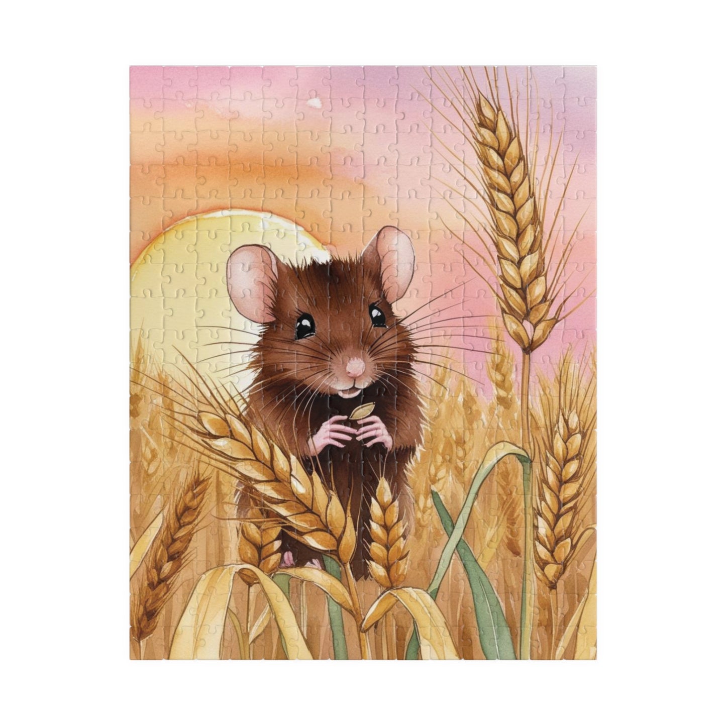 Animal Jigsaw Puzzle Gifted, Cute Mouse in Wheat Field Sunset Art, Animal Lover Brain Teaser Game Family Activity, Relaxing Hobby Enthusiast