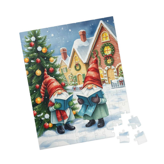 Christmas Caroling Gnomes in Snowy Village – Watercolor Storybook Holiday Jigsaw Puzzle 110 pcs (Vertical) Puzzle The Puzzle Chest