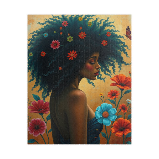 Jigsaw Puzzle, Black Woman with Afro and Colorful Flowers, Retro Aesthetics, Black Art, Brain Teaser Game, Mindfulness Activity, Friend Gift 520 pcs (Vertical) Puzzle The Puzzle Chest