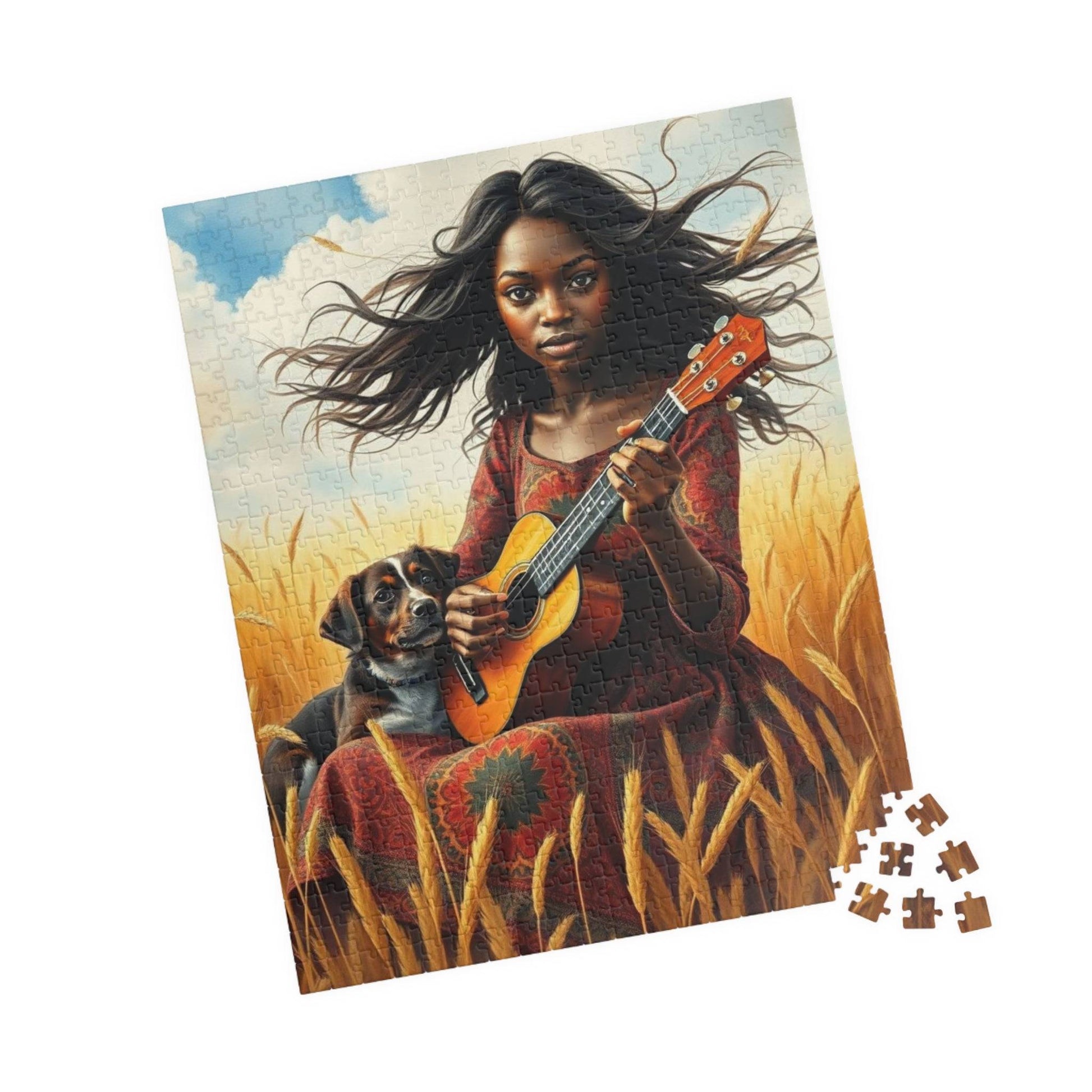 Wheat Field Ukulele Serenade Jigsaw Puzzle - Black Woman Art, Afrocentric Art, African American Musician 520 pcs (Vertical) Puzzle The Puzzle Chest