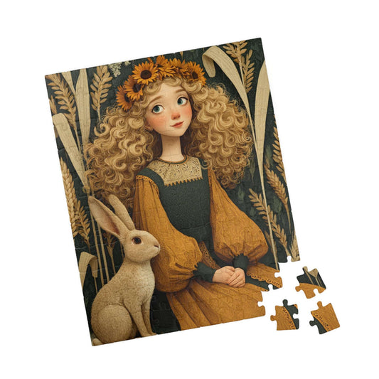 Cornfield Harvest Jigsaw Puzzle – Sunflower Girl, Prairie Dress, Autumn Bunny 110 pcs (Vertical) Puzzle The Puzzle Chest