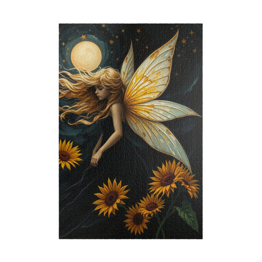 Moonlit Fairy in Sunflower Sky - Ethereal Fantasy Art Jigsaw Puzzle for Solo Fun, Unique Puzzle Lover Gift, Home Decor, Family Activity