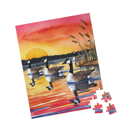 Puzzle, Geese Gliding Across Glassy Lake, 110 252 520 1014-Piece Sunset Jigsaw Game, Relaxing Activity, Bird Lovers Gift, Wildlife Art Puzzle The Puzzle Chest