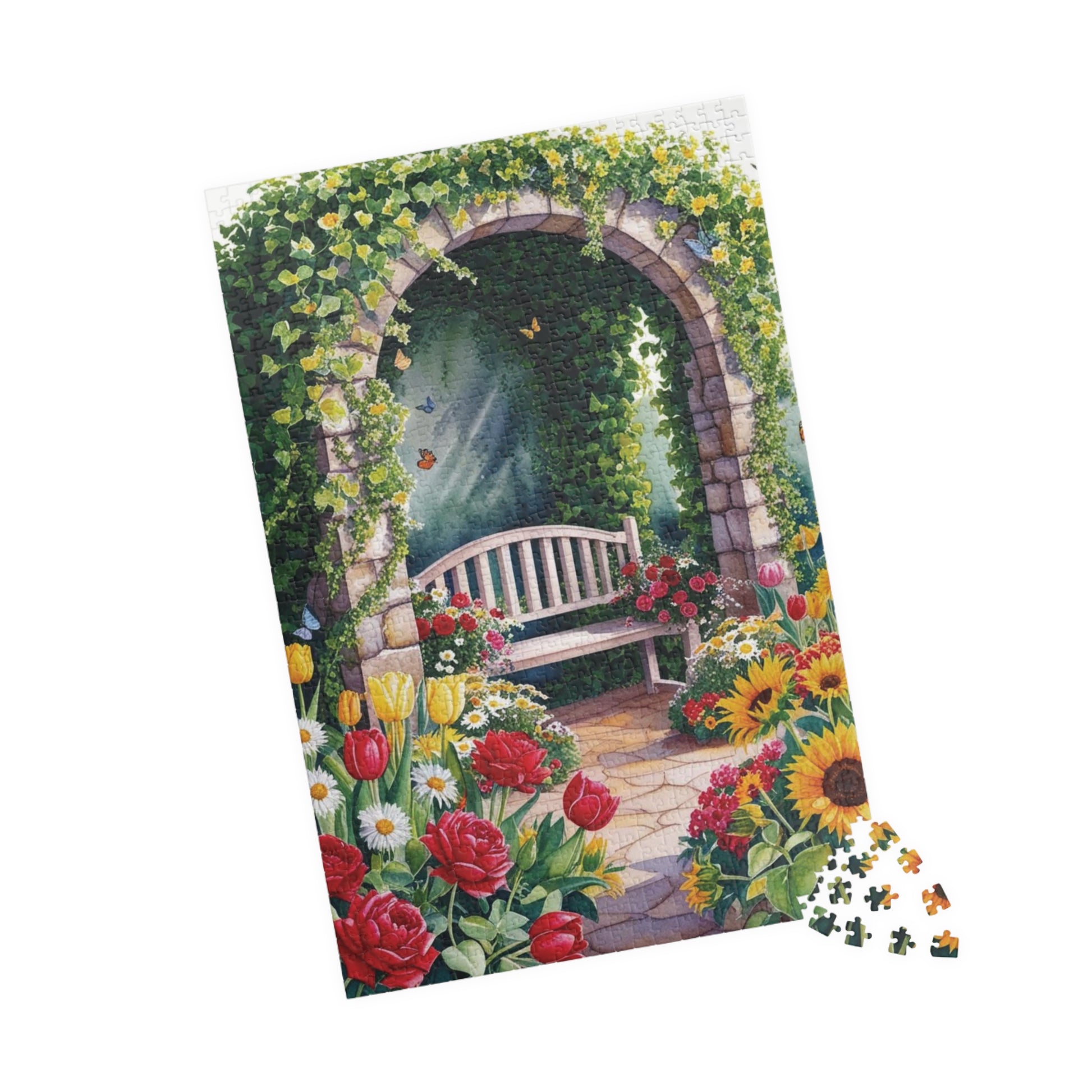 Jigsaw Puzzle, Flower Garden Mosaic Puzzle, Roses Tulips Daisies Sunflowers, Wooden Bench Ivy Butterflies, 110 252 520 1014 pieces, Gift for Puzzle The Puzzle Chest