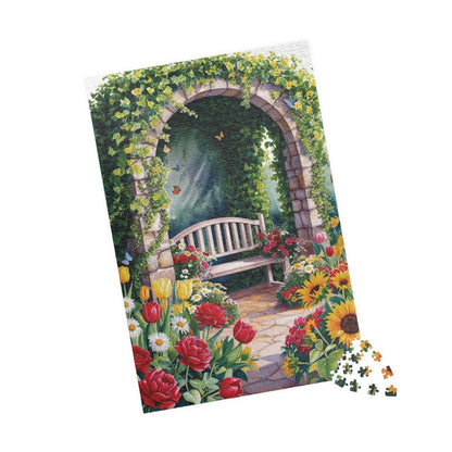 Jigsaw Puzzle, Flower Garden Mosaic Puzzle, Roses Tulips Daisies Sunflowers, Wooden Bench Ivy Butterflies, 110 252 520 1014 pieces, Gift for Puzzle The Puzzle Chest