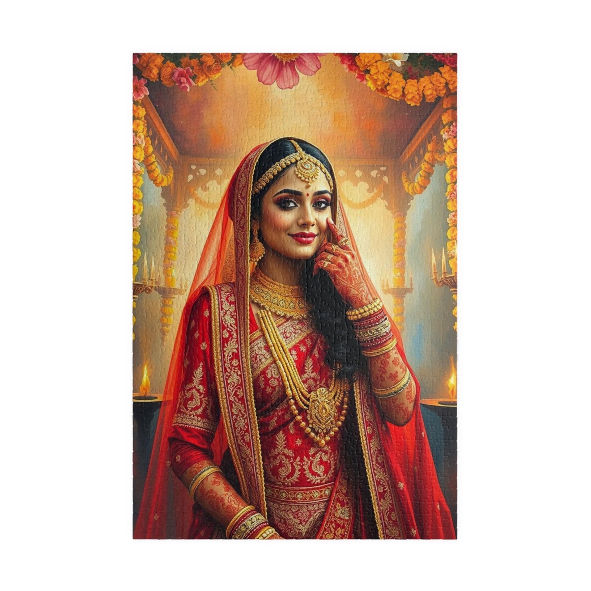 Puzzle, Indian Bride in Red and Gold Lehenga, Henna and Gold Jewelry, 520-Piece Jigsaw, Meditation, Relaxation, Mindfulness, Indian Wedding 1014 pcs (Vertical) Puzzle The Puzzle Chest