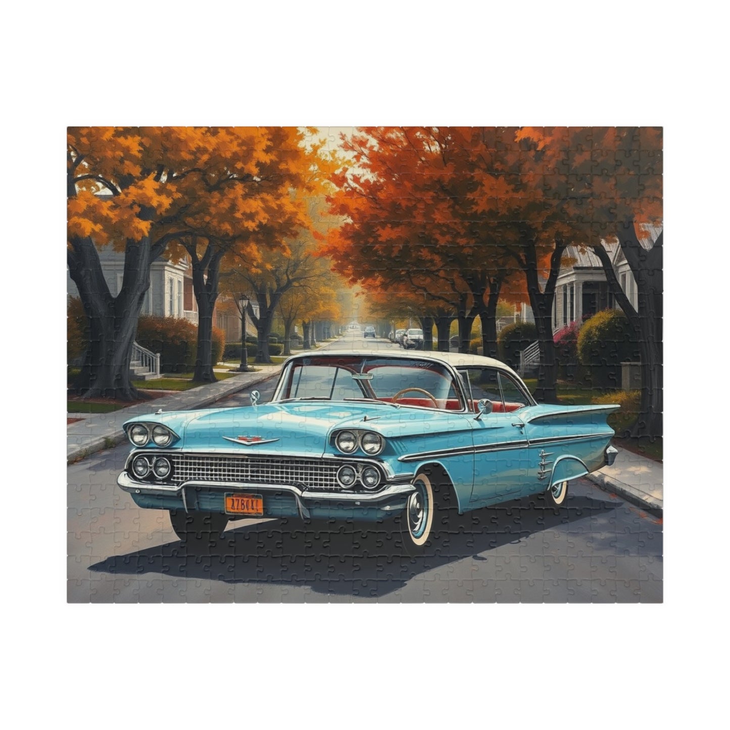 Vintage Car Jigsaw Puzzle, Classic 1958 Impala, Retro 1950s Flower-Lined Neighborhood Scene 520 pcs (Horizontal) Puzzle The Puzzle Chest