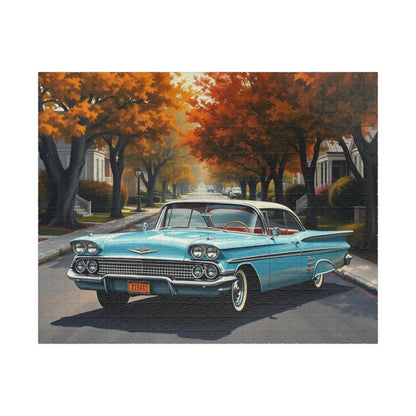Vintage Car Jigsaw Puzzle, Classic 1958 Impala, Retro 1950s Flower-Lined Neighborhood Scene 520 pcs (Horizontal) Puzzle The Puzzle Chest