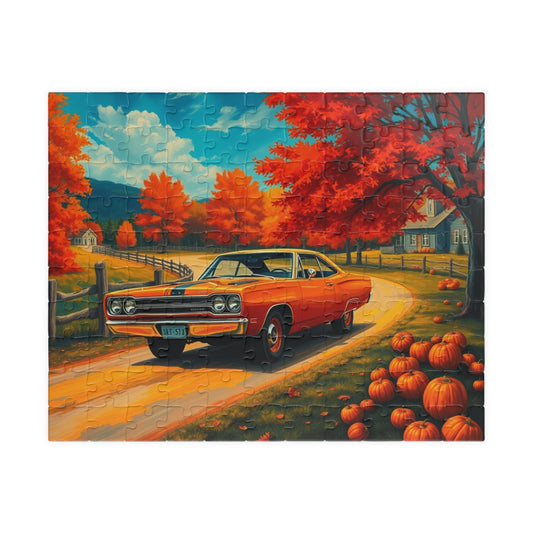 Autumn Vintage Car Puzzle, Orange 1969 Plymouth Road Runner, Retro Auto Jigsaw Game, Relaxing Fall Vibes, Gift for Car Lovers, Solo Fun 110 pcs (Horizontal) Puzzle The Puzzle Chest