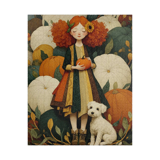 Red-Haired Girl and White Terrier in a Storybook Pumpkin Patch Fairy-Tale Jigsaw Puzzle Puzzle The Puzzle Chest