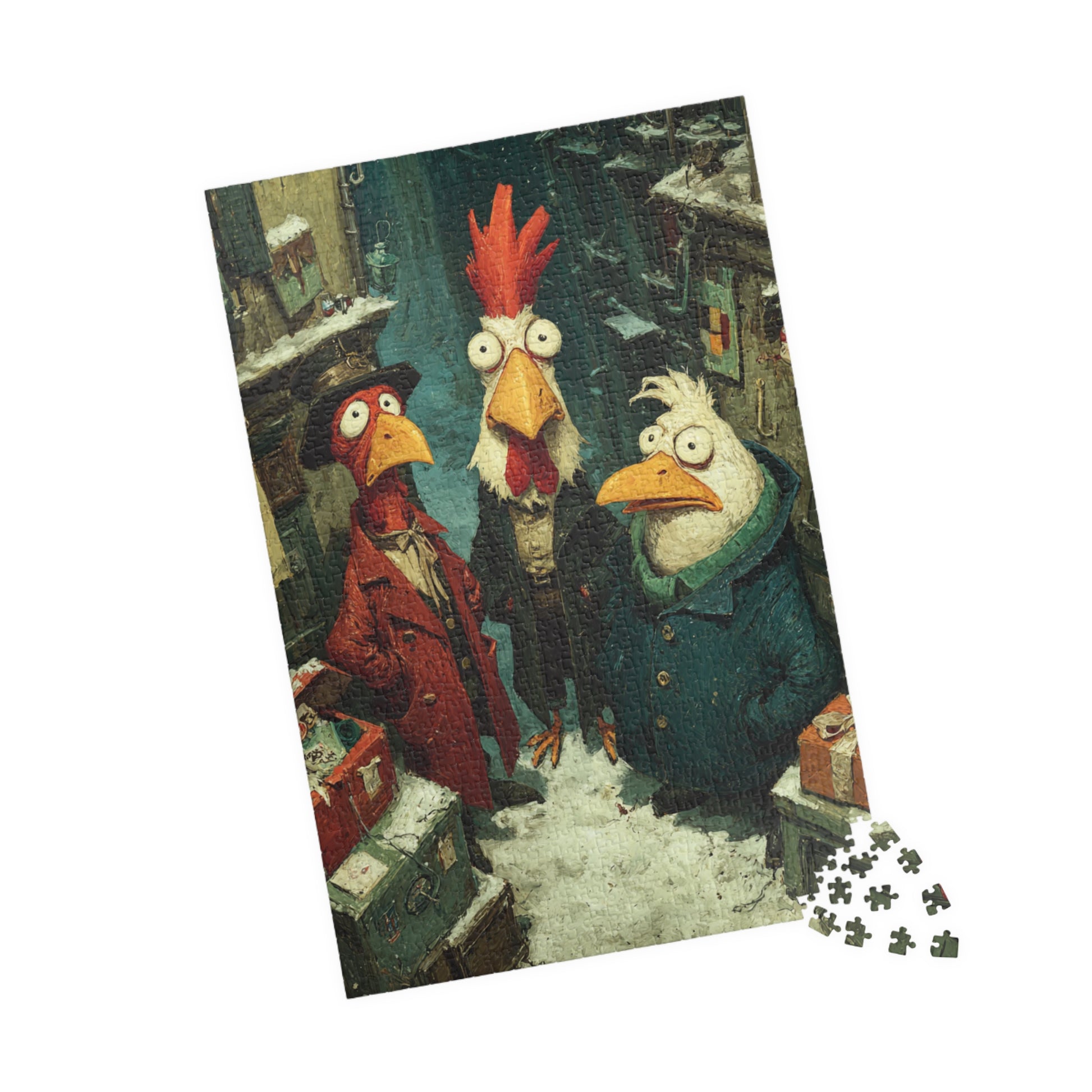 Quirky Gothic Roosters Jigsaw Puzzle - Victorian Chickens, Town Square and Snowy Whimsy 1014 pcs (Vertical) Puzzle The Puzzle Chest