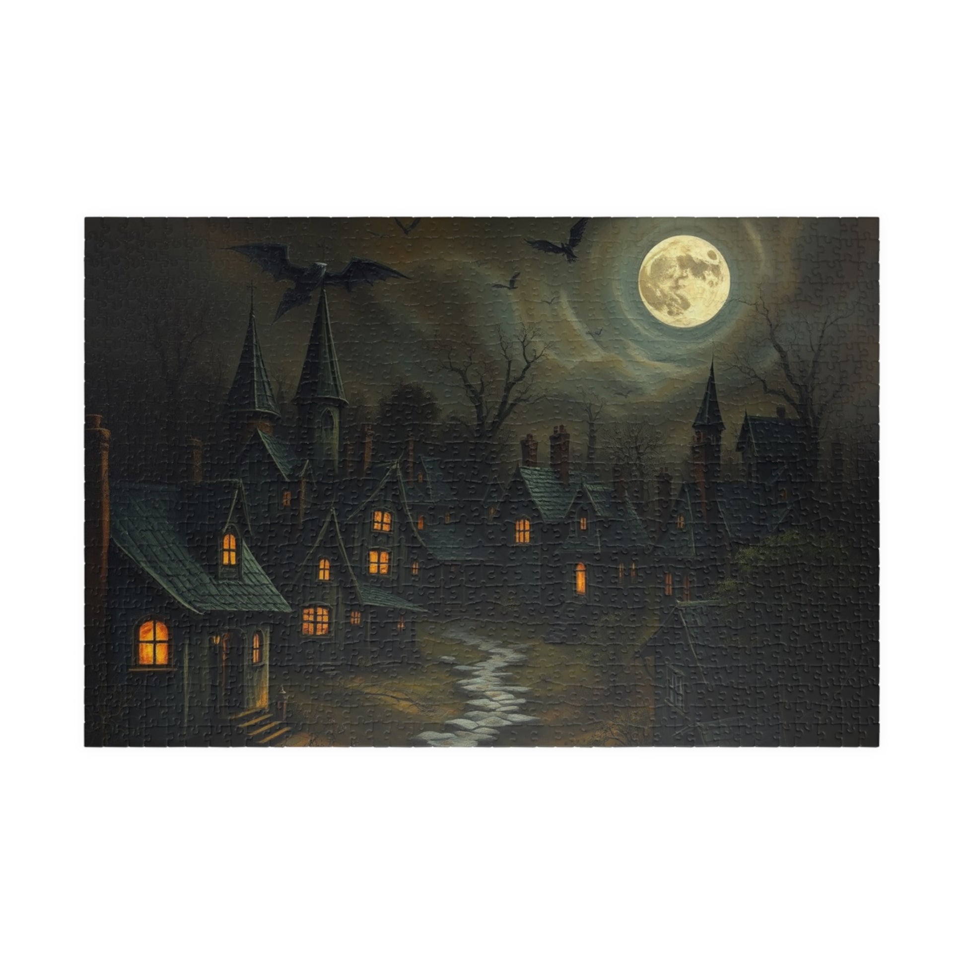 Eerie Village Puzzle (110, 252, 520, 1014-piece), Black Houses Glowing Windows and Full Moon, Spooky Nighttime Scene, Gothic Lover Gift 1014 pcs (Horizontal) The Puzzle Chest