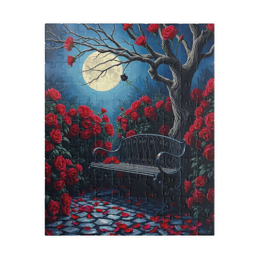 Moonlit Gothic Garden Puzzle, Dark Romantic Fantasy Jigsaw Game, Cobblestone Path Iron Bench and Roses, Relaxing Challenge for Puzzle Lover 110 pcs (Vertical) Puzzle The Puzzle Chest