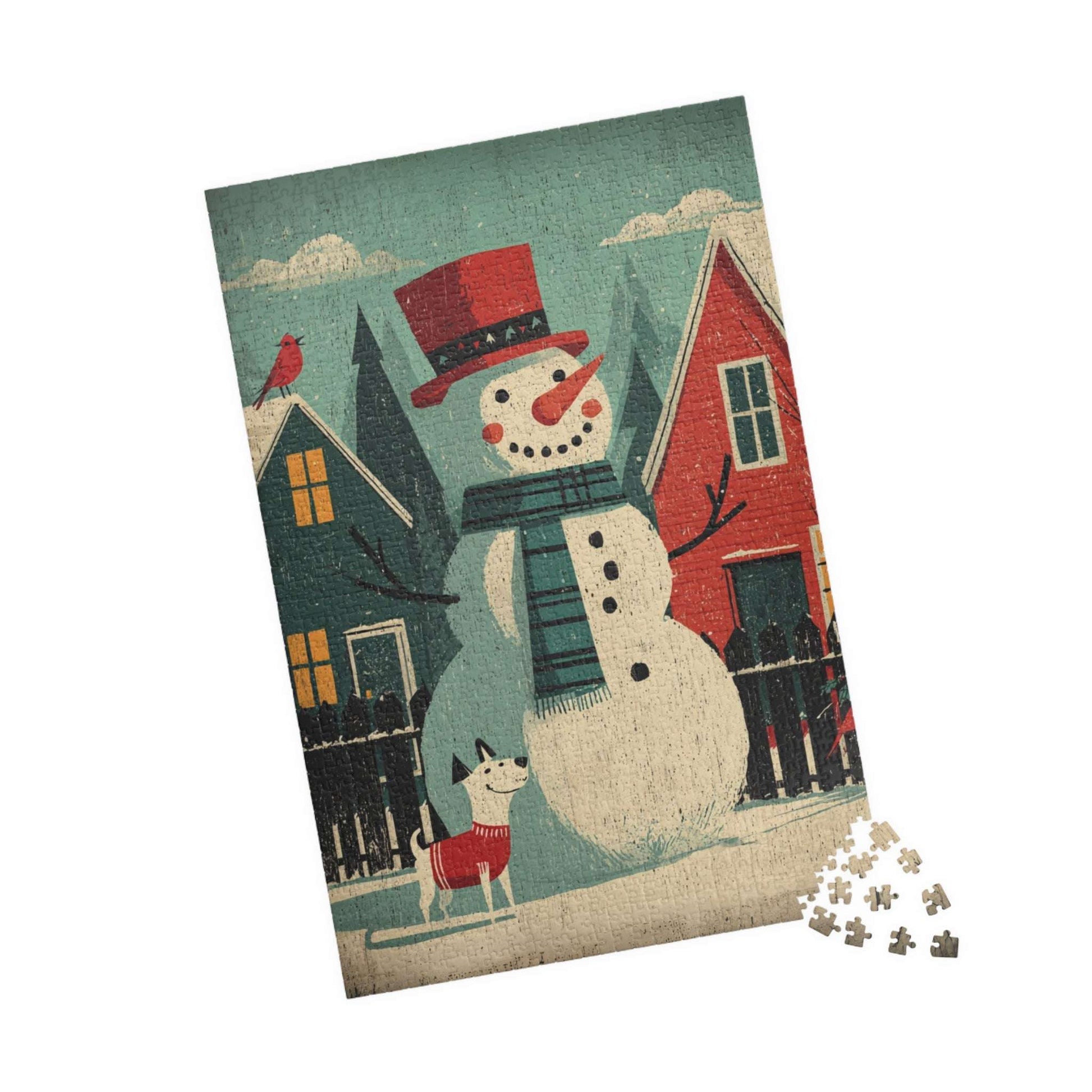 Retro Holiday Cheer Puzzle - Snowman and Dog, Winter Vintage Style Illustration, Ideal for Holiday Activity, Family Game, Festive Gifts 1014 pcs (Vertical) Puzzle The Puzzle Chest
