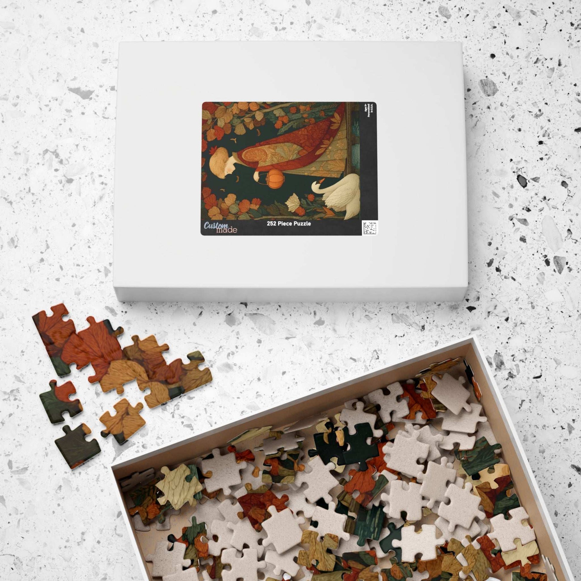 Autumn Bridge Jigsaw Puzzle – Whimsical Fall Fairy-Tale Puzzle for Adults, Girl with Lantern and Swan Puzzle The Puzzle Chest