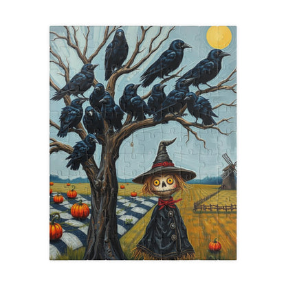 Feathered Frenzy Jigsaw Puzzle - Scarecrow and Crows, Halloween Fun Family or Solo Activity, Fall Holiday Birthday Gift for Puzzle Lover