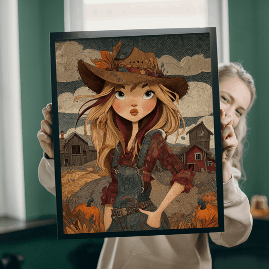 1990s Autumn Cowgirl Jigsaw Puzzle - Grunge Patchwork, Retro Cartoon-Style Illustration Farm Scene Puzzle The Puzzle Chest