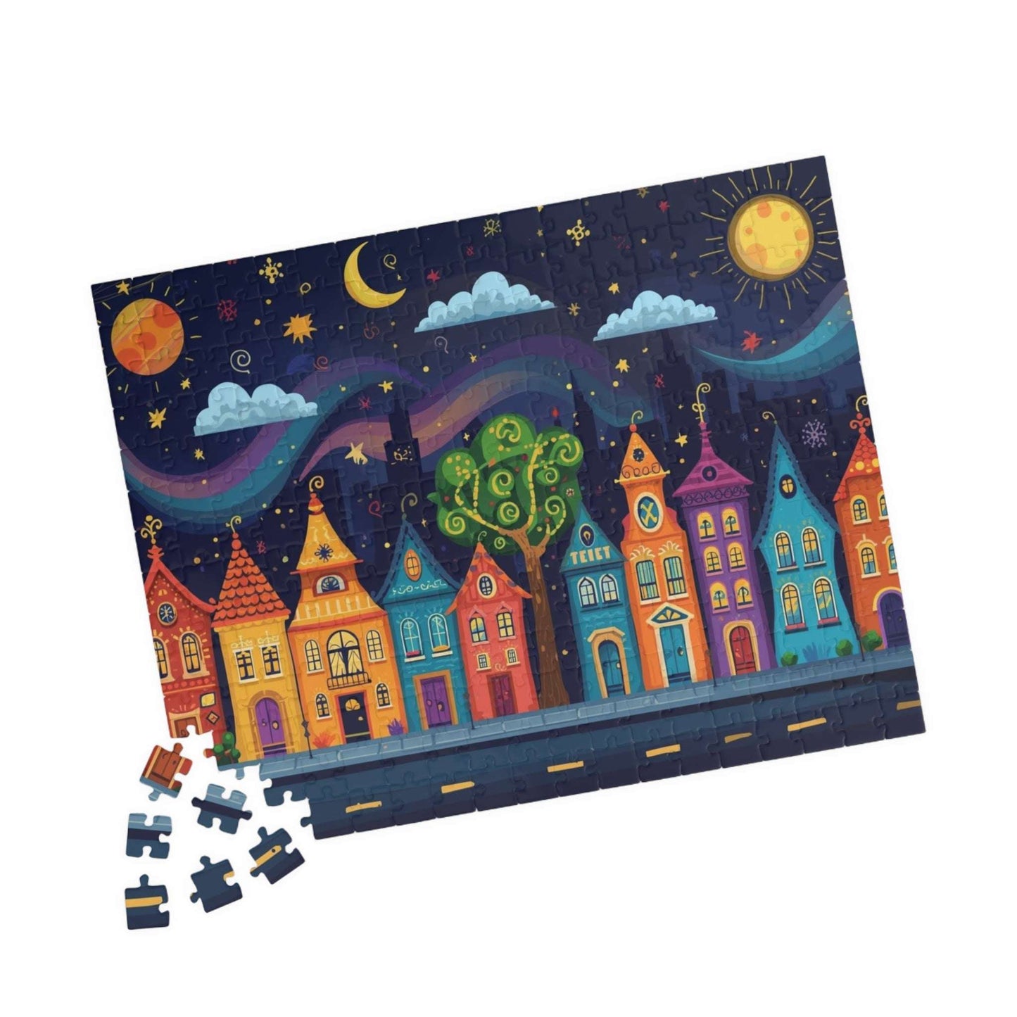 Raindrop Row Town Jigsaw Puzzle - Nighttime Village Puzzle Game 252 pcs (Horizontal) Puzzle The Puzzle Chest