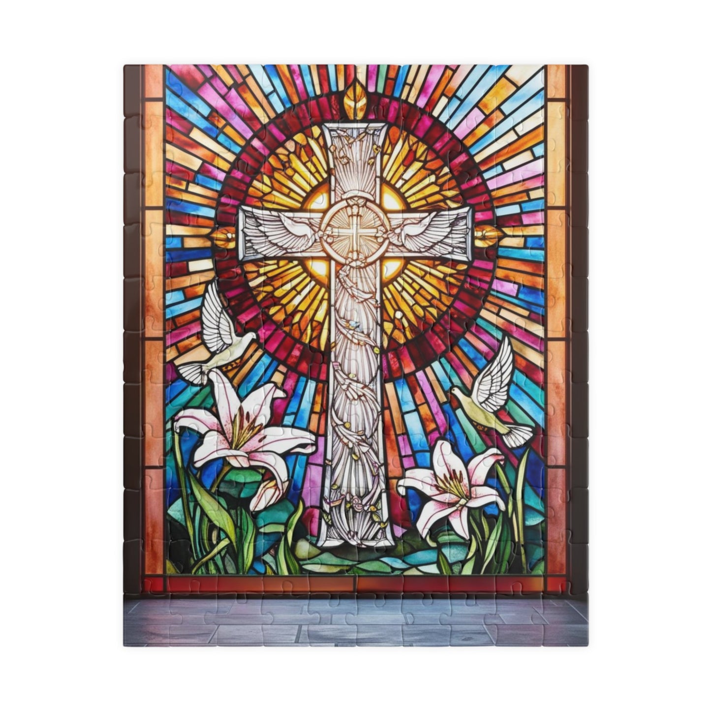Stained Glass Cross Puzzle (110, 252, 520, 1014-piece), Faith-Based Religious Jigsaw Game, Colorful Puzzle for Christians and Puzzle Lovers
