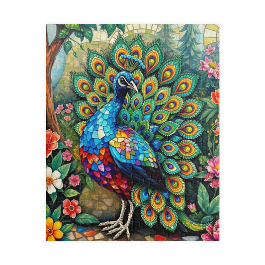 Mosaic Peacock Puzzle, Beautiful Fan-Tailed Bird in a Jewel-Toned Mosaic Art Garden Scene for Adults Teens, Gift for Animal Lover, Mindful 110 pcs (Vertical) Puzzle The Puzzle Chest