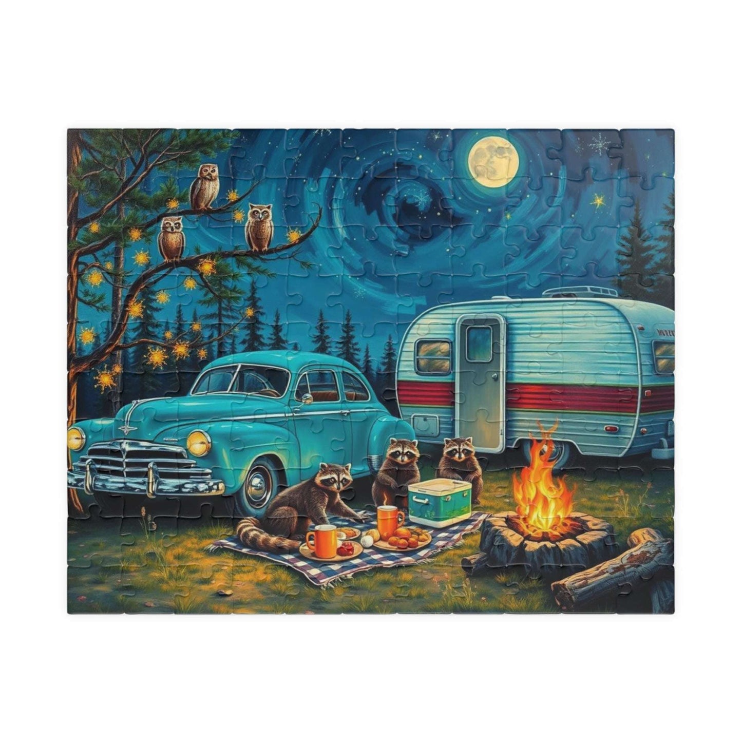 Cozy Camping Jigsaw Puzzle with Raccoons and Owls, Solo Fun or Family Game, Nature Vibes, Holiday Birthday Gift for Friends, 110-1014-piece 110 pcs (Horizontal) Puzzle The Puzzle Chest