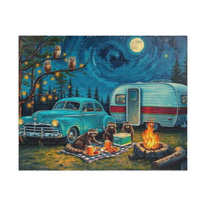 Cozy Camping Jigsaw Puzzle with Raccoons and Owls, Solo Fun or Family Game, Nature Vibes, Holiday Birthday Gift for Friends, 110-1014-piece 110 pcs (Horizontal) Puzzle The Puzzle Chest