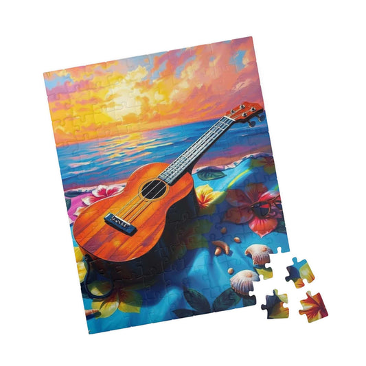Ukulele Beach Vibes Jigsaw Puzzle - Tropical Hibiscus Towel, Seashells & Sunglasses, Holiday Birthday Gift for Music Lover, Musician